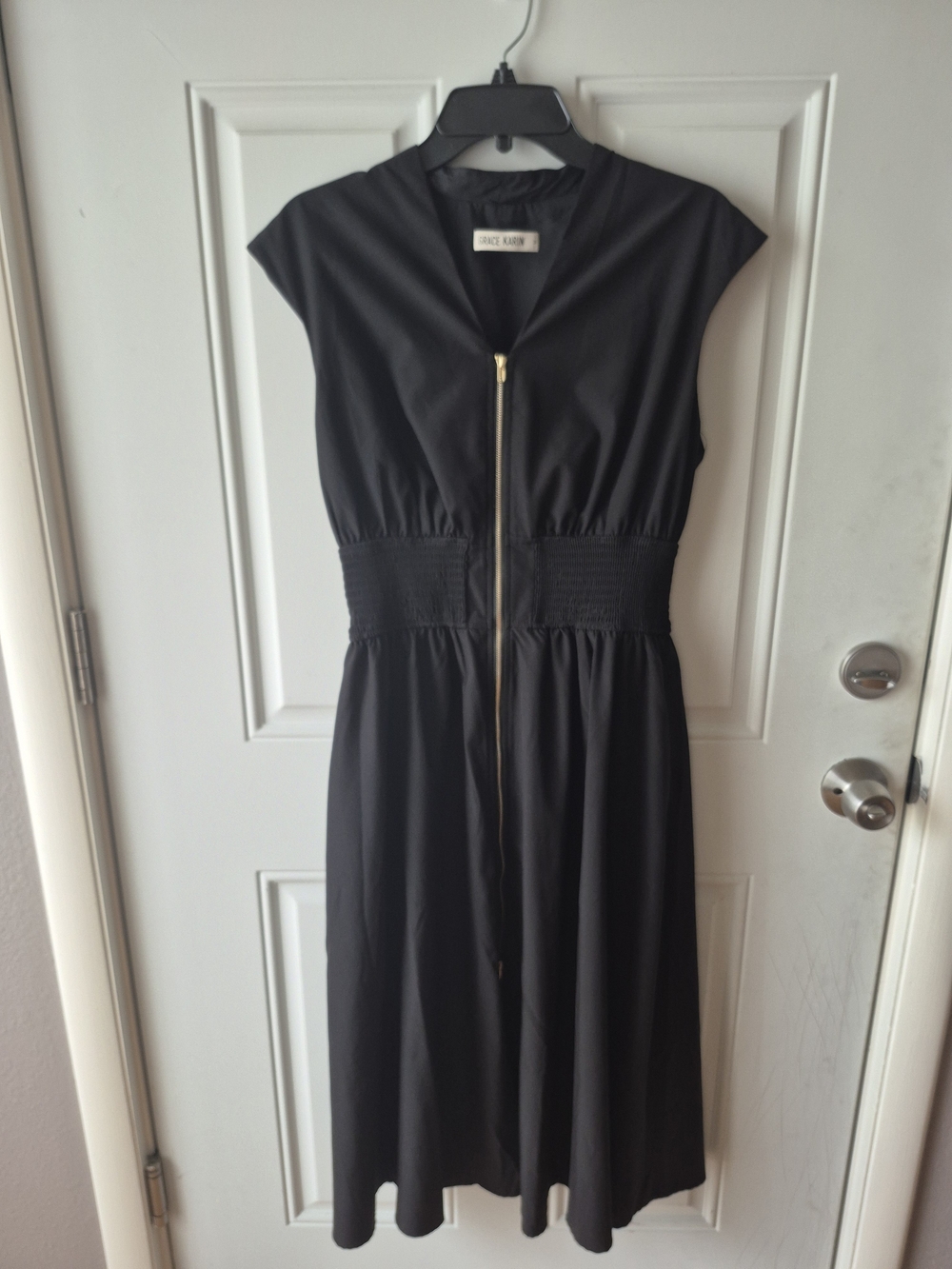 Grace Karin Black Midi Dress with Gold Zip size M